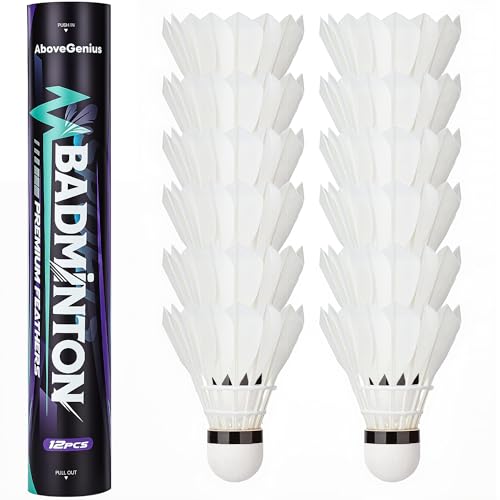 AboveGenius Premium Goose Feather Shuttlecocks 12-pack organized in professional training tube