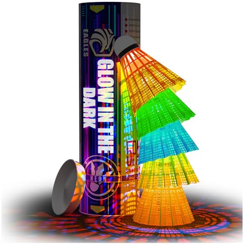 EAGLES LED Glow-in-the-Dark Badminton Shuttlecocks glowing vibrantly in diverse neon colors