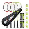 WOED BATENS Professional 4-Player Badminton Set with carbon fiber rackets, net, and shuttlecocks on grass