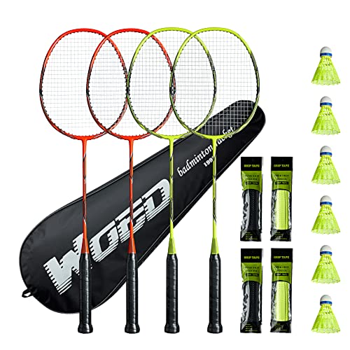 WOED BATENS Professional 4-Player Badminton Set with carbon fiber rackets, net, and shuttlecocks on grass