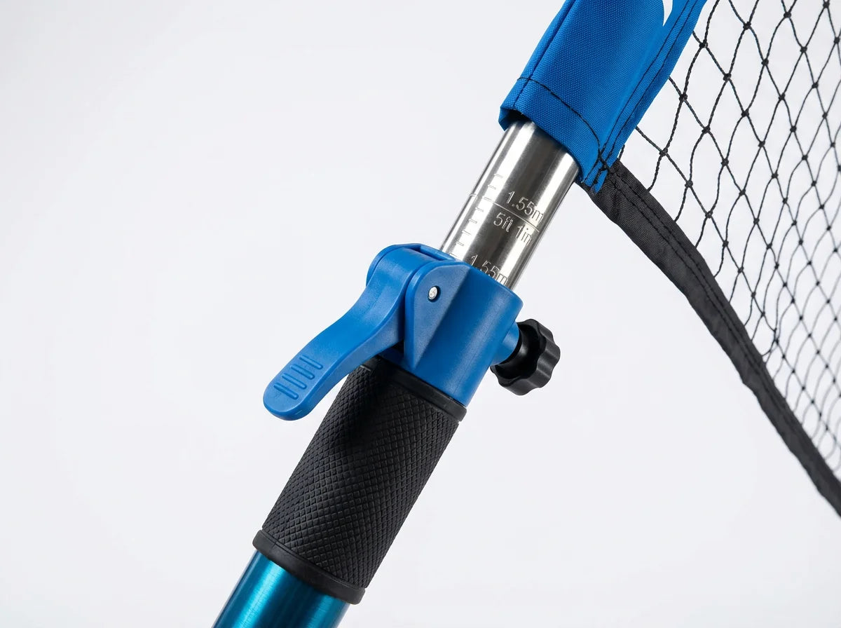 BAGAIL badminton net height adjustment mechanism close-up showing telescoping steel pole with blue and black design