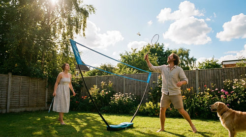 Lifestyle scene of casual backyard badminton game with portable net on sunny day - perfect outdoor family activity