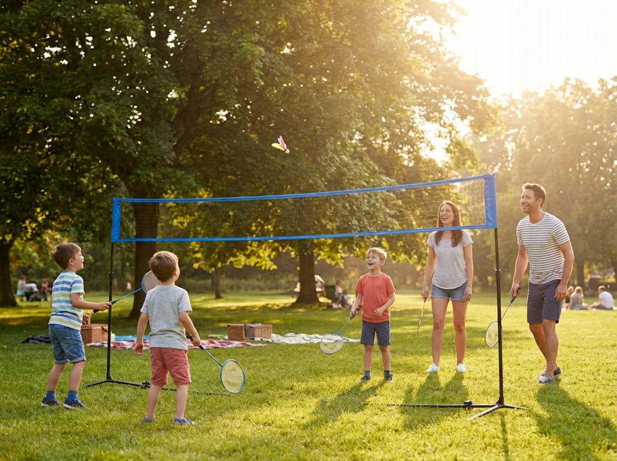 Family playing badminton in park with BAGAIL portable net - parents and kids enjoying outdoor sports game on sunny day