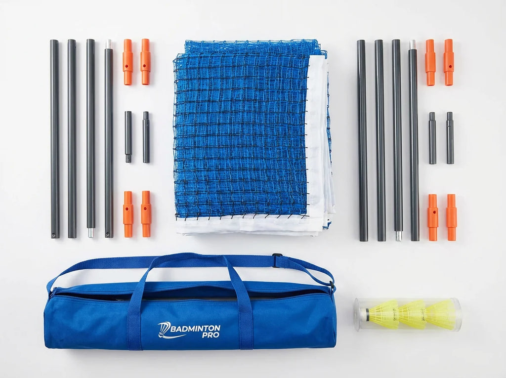 Complete BAGAIL portable badminton net set flat lay showing all included components - net poles connectors carry bag