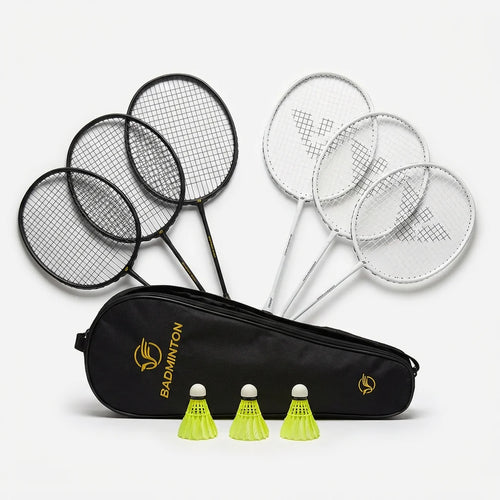 AboveGenius 6-Player Family Badminton Set on lawn with steel rackets and carrying bag